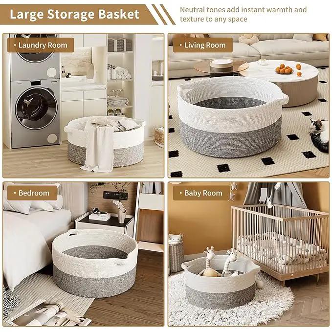 125L Extra Large Blanket Basket, 25" x 16", Jumbo Laundry Woven Baskets Decorative Home, Cotton Rope Basket with Handles, Baby Toy Baskets for Storage, White & Gray by GreenHaven Gardens