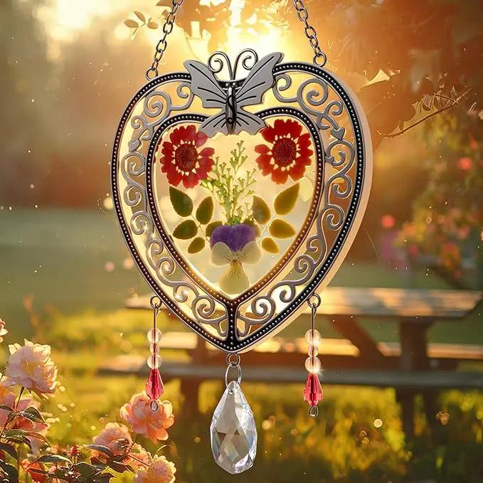 KY&BOSAM Heart Suncatcher Crystal Tree of Life Stained Glass Panles Real Flower Hangings for Windows Home Garden Outside Wind Chime Decor Birthday Gifts for Women Mother`s Day Christmas Ornament by GreenHaven Gardens