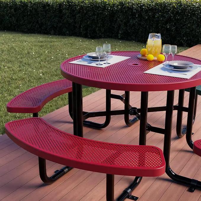 Metal Picnic Tables for Outdoors with Umbrella Hole - Coated Steel Heavy Duty Commercial Grade Table with Adjustable Seats (Red, 46 in, Round, Punched Steel) by GreenHaven Gardens