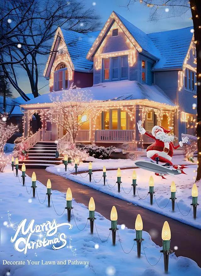C9 Christmas Pathway Lights Outdoor, 25.7 Feet 20 LED C9 Strawberry Walkway Lights with Marker Stakes, Connectable Shatterproof C9 String Lights for Lane Outside Yard Decorations, Warm White, 2 Pack by GreenHaven Gardens