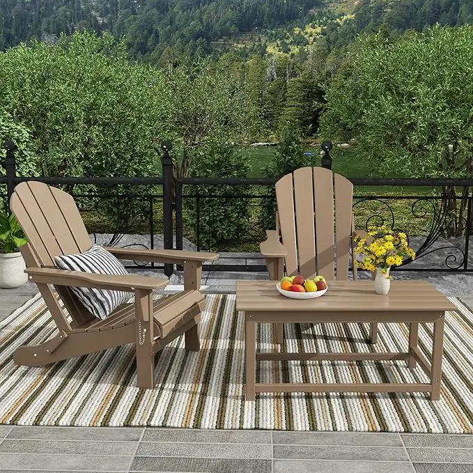 WO Home Furniture Adirondack Chairs Table Set of 3 PCS Outdoor Folding Chairs Coffee Table Weather/UV Resistant for Lawn, Garden, Bon Fire, Balcony (Weathered Wood) by GreenHaven Gardens