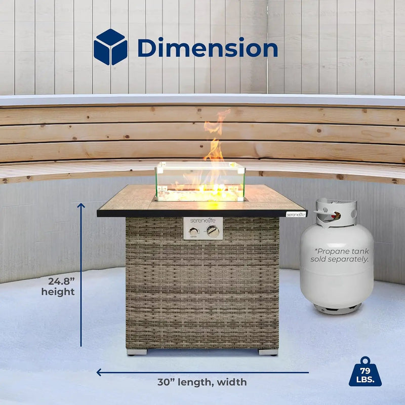 SereneLife Outdoor Propane Fire Pit Table - CSA/ETL Certified Safe 50,000 BTU Pulse Ignition Weatherproof Square Wicker Propane Gas Fire Table w/Tile Tabletop Adjustable Flame - Glass Rocks by GreenHaven Gardens