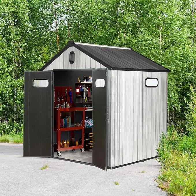 Domi 8x6 FT Outdoor Resin Storage Shed, All-Weather Double-Wall Storage Building for Backyard, Garden, Lawn Tools, Mower, Bike & Pool Equipment, Lockable Doors, Ventilated Roof, Grey by GreenHaven Gardens