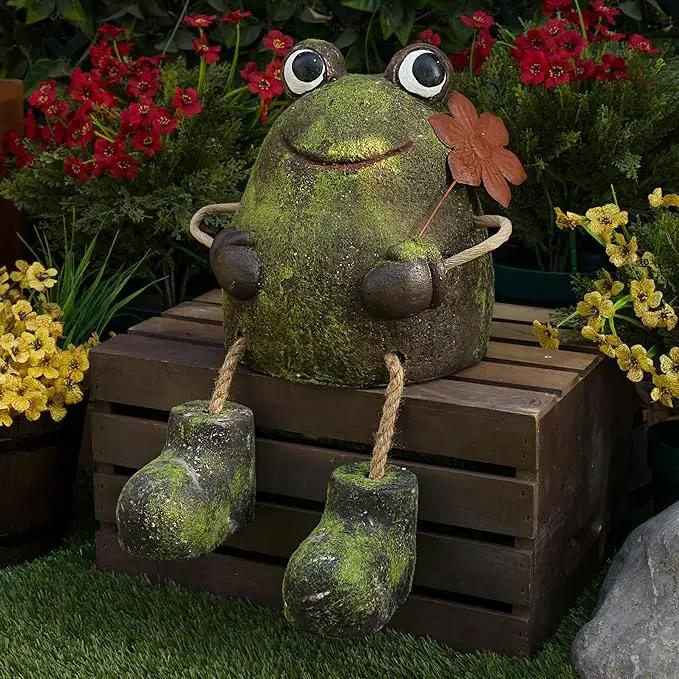 Alpine Corporation MCC834 Indoor/Outdoor Frog with Flower Garden Statue, Playful Frog Statue for Yard, 20" H, Green by GreenHaven Gardens