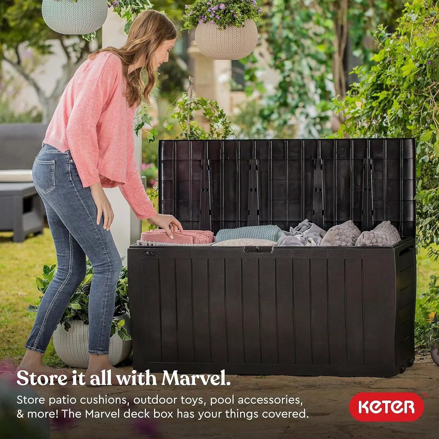 Keter Marvel Plus 71 Gallon Resin Outdoor Storage Box for Patio Furniture Cushions, Throw Pillows, Garden Tools and Pool Floats, Brown by GreenHaven Gardens