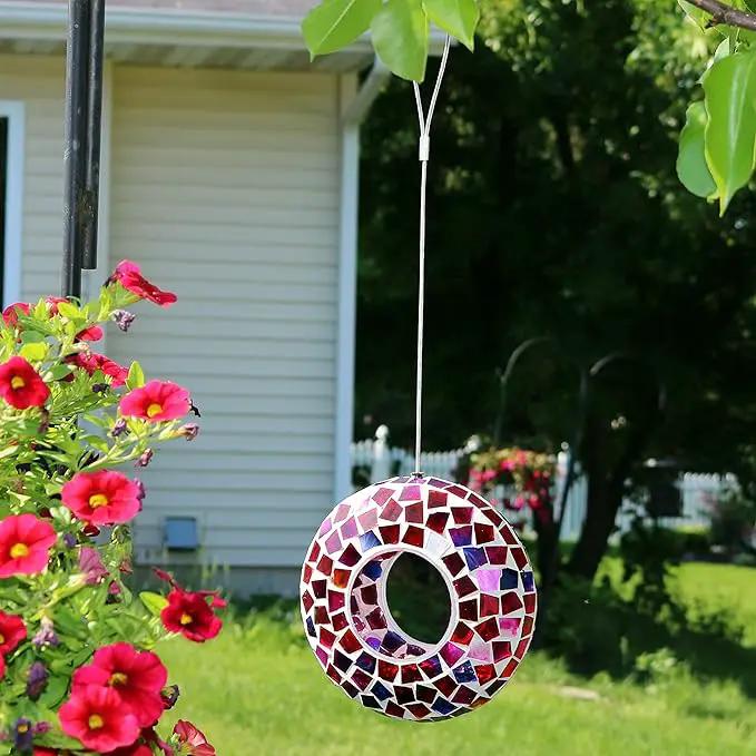 Sunnydaze 6-Inch Glass Mosaic Hanging Bird Feeder for Outdoors - Fly-Through Wild Bird Feeder - Crimson Mosaic by GreenHaven Gardens