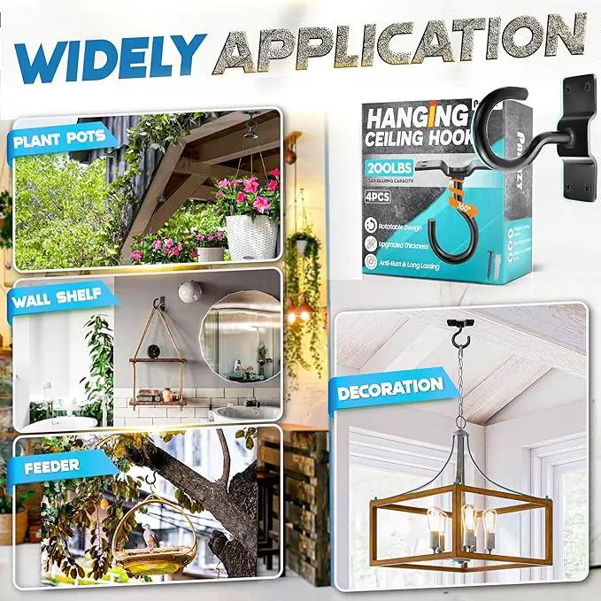 [UPGRADED] 4Pcs 200LBS Rotatable Ceiling Hooks with 4 Screw Points Base, Wall Mount Metal Hanger Black Ceiling Hook for Hanging Plant, Bird Feeder, Lights, Bed Canopy, Wind Chime, Indoor Outdoor Decor by GreenHaven Gardens