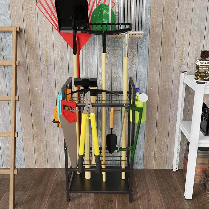 Garden Tool Organizer Rack for Garage, Yard Tool Tower Rack Organizer, Tools Stand Storage with Hooks Black Metal Garden Tools Holder for Yard Shed Garage Organization by GreenHaven Gardens