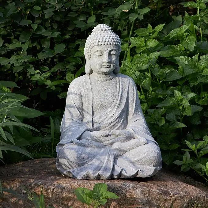 TOETOL Zen Garden Asian Buddha Statue Outdoor Indoor Yard Decor 20” High Patio Deck Sculptures Magnesium Oxide Stone Grey Home Entryway Hallway by GreenHaven Gardens