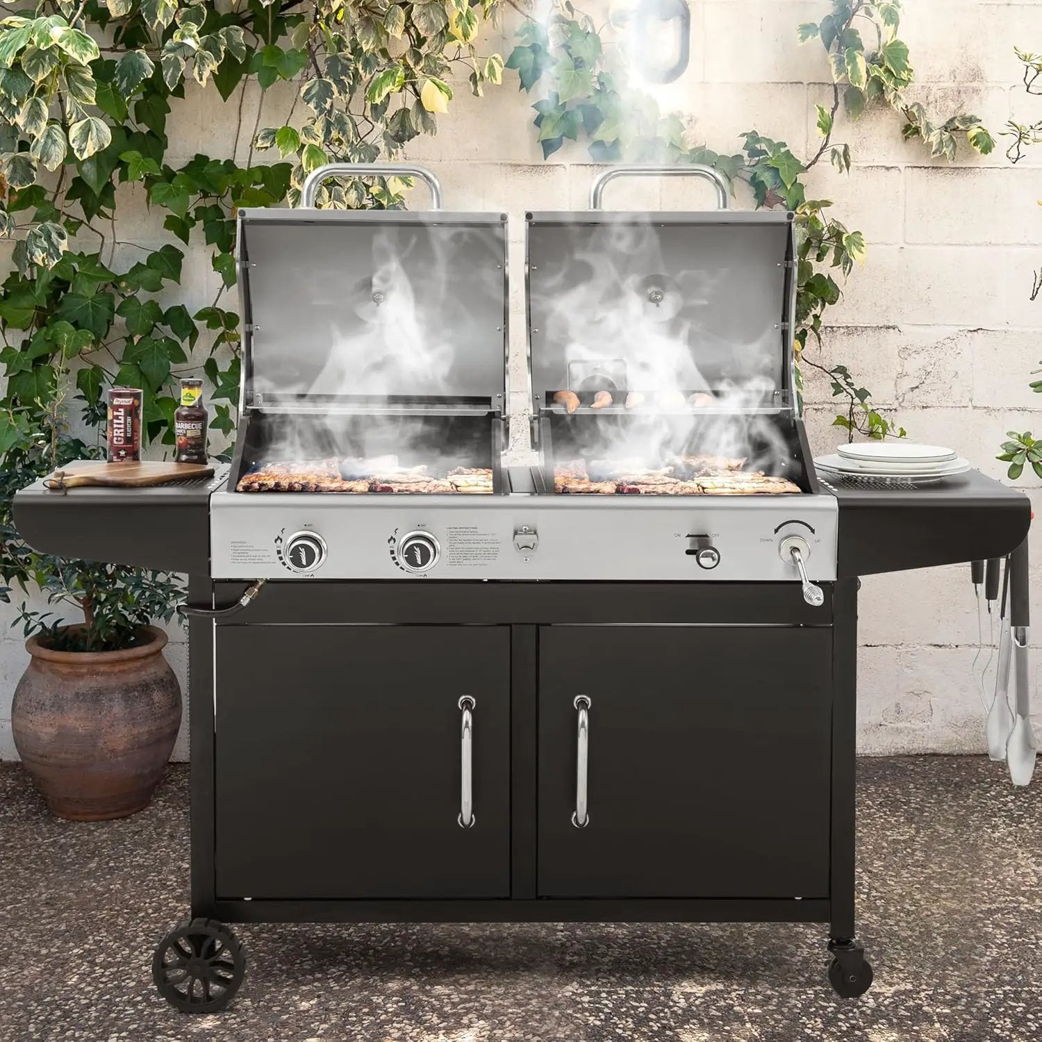 Royal Gourmet ZH3002N Propane Gas and Charcoal Grill Combo, Dual Fuel BBQ Grill with 2 Side Shelves for Outdoor Patio Garden Backyard Barbecue, 20,000 BTUs, Silver & Black by GreenHaven Gardens
