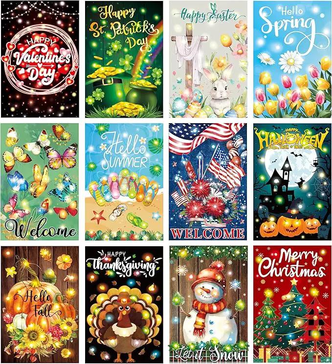 12 Pcs Solar Seasonal LED Garden Flags 12 x 18 Inch Double Sided Yard Flags Halloween Christmas Fall Thanksgiving Day Decorations Welcome Garden Holiday Yard Outside Lawn Decoration by GreenHaven Gardens