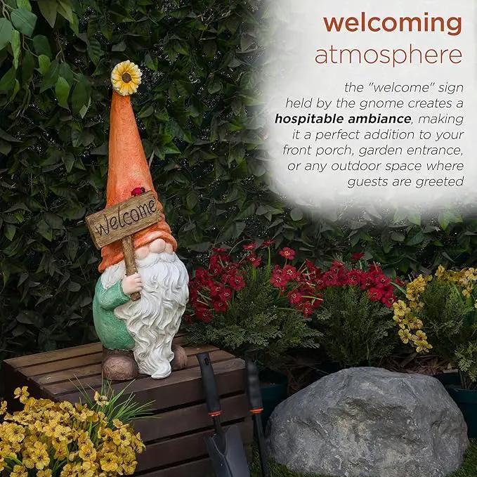 Alpine Corporation MCC848 Indoor/Outdoor Gnome with "Welcome" Sign Garden Statue, Charming Gnome with Hat, 26"H, Orange by GreenHaven Gardens