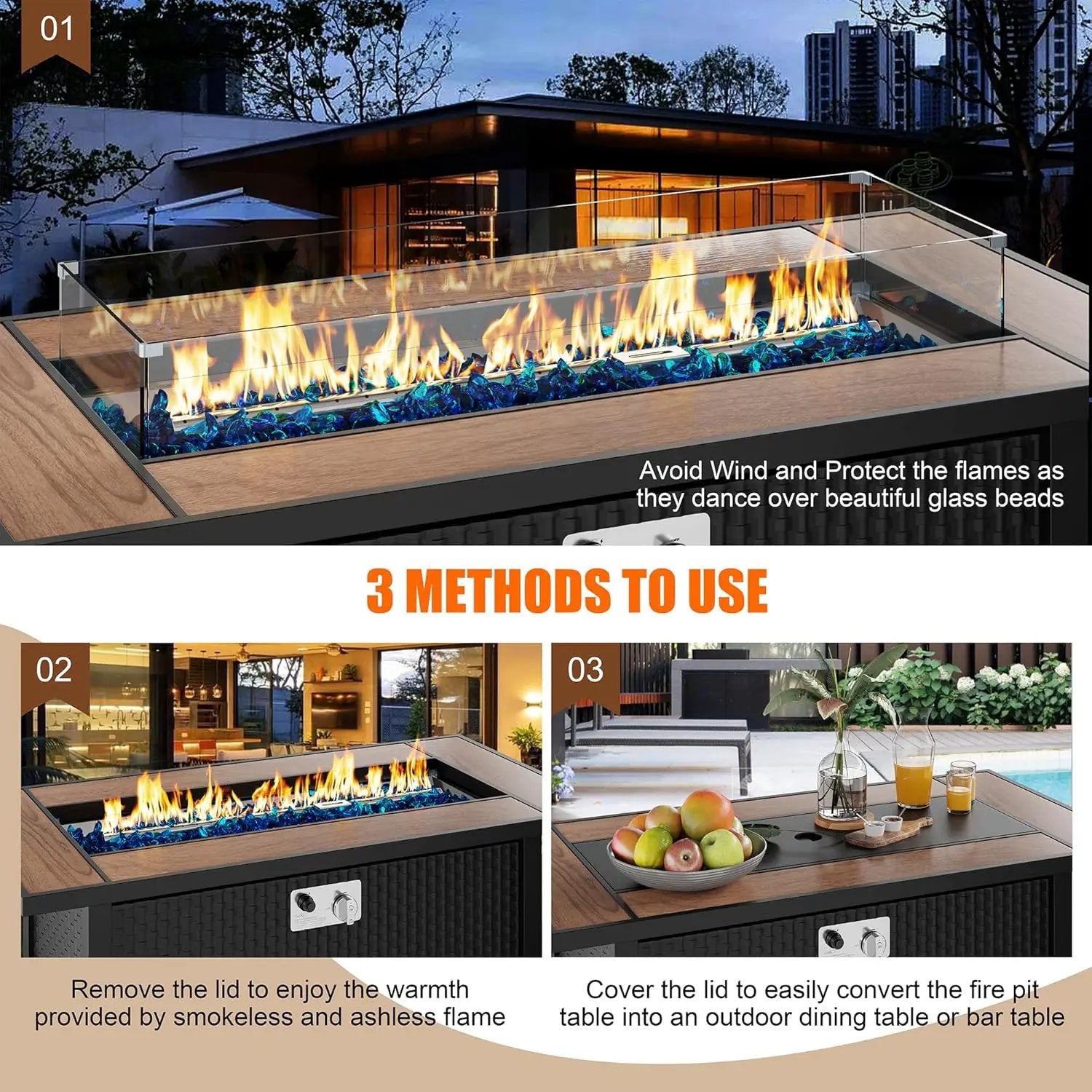 45 inch Outdoor Propane Fire Pit 50,000 BTU Gas Fire Pit Table with Walnut Tabletop, Glass Wind Guard, Waterproof Cover, Rectangle Gas Firepit Table for Garden/Patio,CSA Certification by GreenHaven Gardens