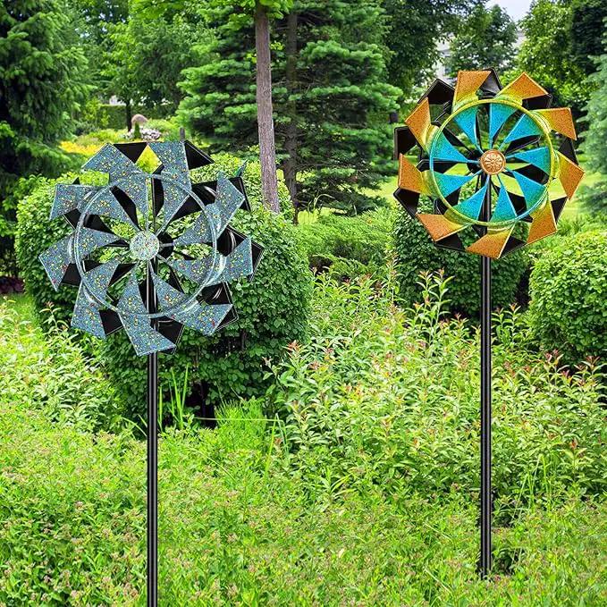 59 inch Outdoor Kinetic Wind Spinner, Double Blade Wind Sculpture with 5 Prong Base, Geometric Metal Windmill for Garden, Lawn & Patio Decoration (Blue Gold) by GreenHaven Gardens