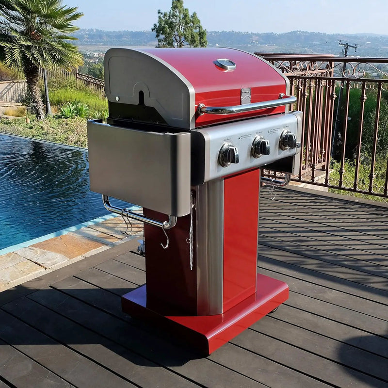 Kenmore 3-Burner Outdoor BBQ Grill | Liquid Propane Barbecue Gas Grill with Folding Sides, PG-A4030400LD-RD, Pedestal Grill with Wheels, 30000 BTU, Red by GreenHaven Gardens