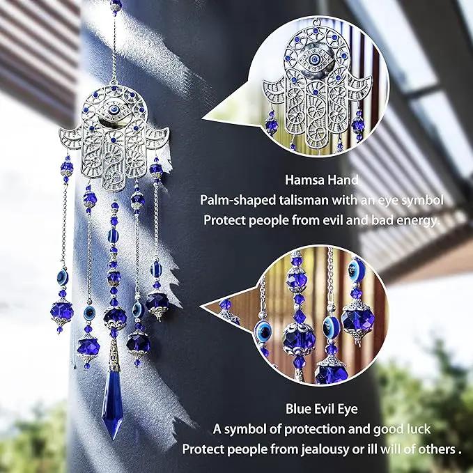 Crystal Prism Suncatcher Ornament with Hamsa Fatima Hand Protection Charm Turkish Greek Blue Evil Eye Sapphire Crystals Beads for Window Hanging Decoration by GreenHaven Gardens