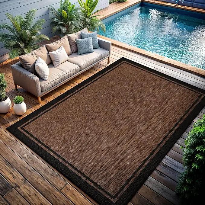 CAMILSON Indoor Outdoor Rug, 10x14 Bordered Nut Brown Black Modern Area Rugs for Indoor and Outdoor Patios, Kitchen and Hallway Mats, Washable Porch Deck Outside Carpet (Border Nut Brown Black 10 x14) by GreenHaven Gardens