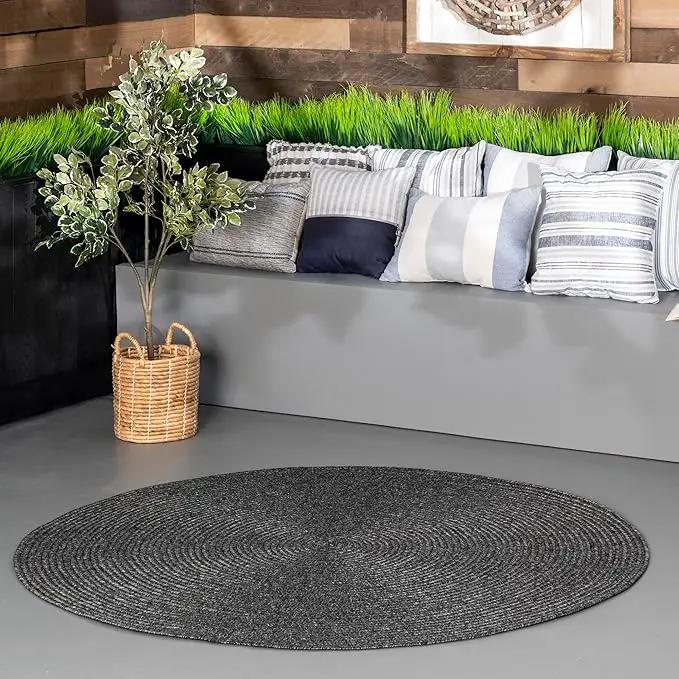 nuLOOM 8' Round Solid Hand Braided Indoor/Outdoor Area Rug, Pet-Friendly, High Traffic, Weather Resistant, for Patio, Balcony, Bedroom, Living, Dining Room, Wynn Charcoal by GreenHaven Gardens