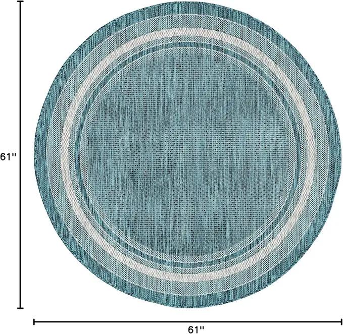 Unique Loom Outdoor Border Collection Area Rug - Soft Border (5' 1" Round, Teal/ Ivory) by GreenHaven Gardens