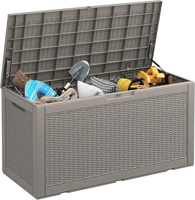 NUNU LAB 102 Gallon Large Waterproof Resin Deck Box, Lockable Outdoor Storage Box with Gas Lift, Patio Cushions, Garden Tools, Pool Supplies, Indoor Outdoor Storage Container, Grey by GreenHaven Gardens