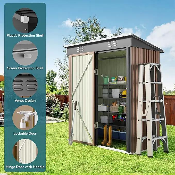 Gizoon 5' x 3' Outdoor Storage Shed with Singe Lockable Door,Galvanized Metal Shed with Air Vent Suitable for The Garden,Tiny House Storage Sheds Outdoor for Backyard Patio Lawn-Brown by GreenHaven Gardens