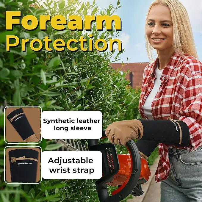 HANDLANDY Long Gardening Gloves for Men & Women, Cowhide Leather Rose Pruning Gloves, Breathable Thorn Proof Gauntlet Glove (Brown-Cowhide, M) by GreenHaven Gardens