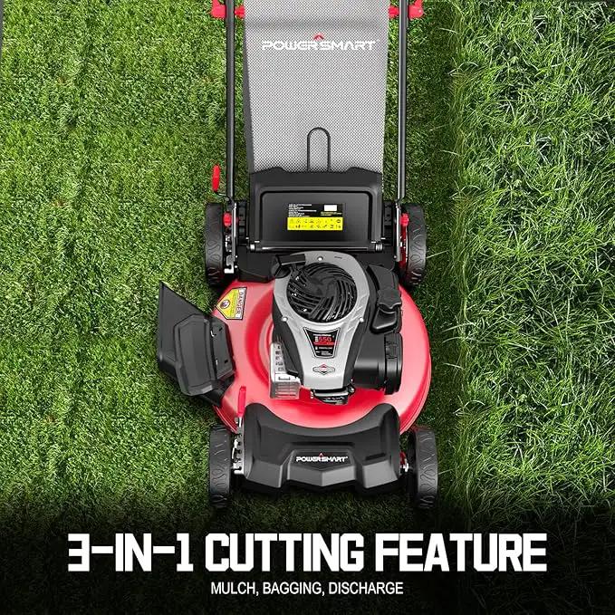 PowerSmart Gas Lawn Mower 21-inch with 140cc Briggs and Stratton E550 Engine, 3-in-1 Push Mower with Mulch, Bagger, Side-Discharge by GreenHaven Gardens