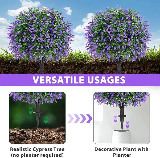 Artificial Boxwood Topiary Ball with Lavender, Set of 2 Artificial Shrub Bushes with Ground Spike, Fake Evergreen Tree for Porch, Artificial Plants for Outdoor Planters Indoor UV Resistant by GreenHaven Gardens