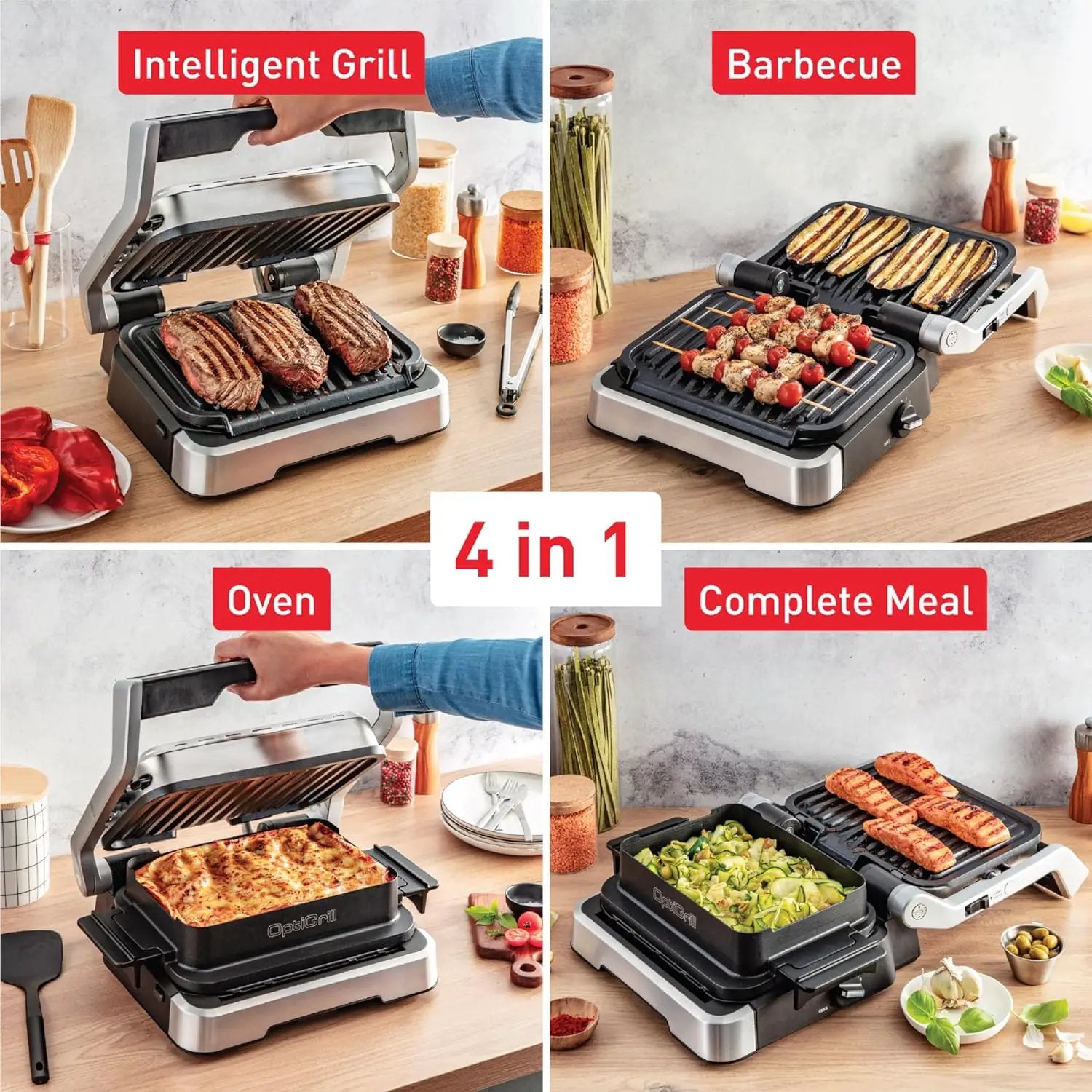 T-fal, Electric Grill, OptiGrill 4in1, Stainless Steel, 9 Automatic Cooking Modes, Intelligent Grilling Rare to Well-Done, 1800 Watts, Nonstick Removable Plates, Dishwasher Safe, Indoor, Silver by GreenHaven Gardens