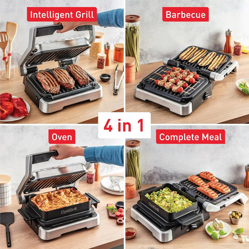 T-fal, Electric Grill, OptiGrill 4in1, Stainless Steel, 9 Automatic Cooking Modes, Intelligent Grilling Rare to Well-Done, 1800 Watts, Nonstick Removable Plates, Dishwasher Safe, Indoor, Silver by GreenHaven Gardens