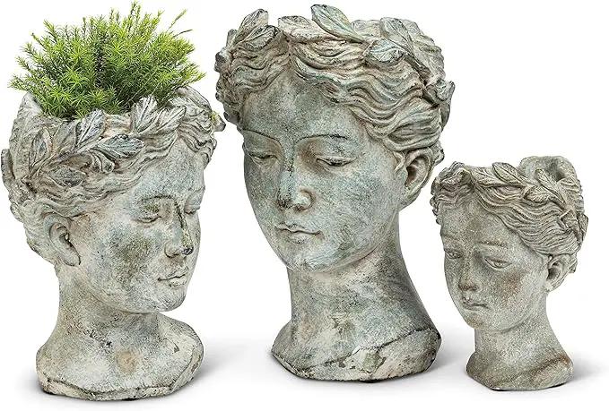 Abbott Collection Goddess Head Planter - Extra Small Cement Indoor and Outdoor Planter Pot - Grecian Woman Statue Head Planter for Flowers and Succulents (Grey, 2.75" Opening) by GreenHaven Gardens