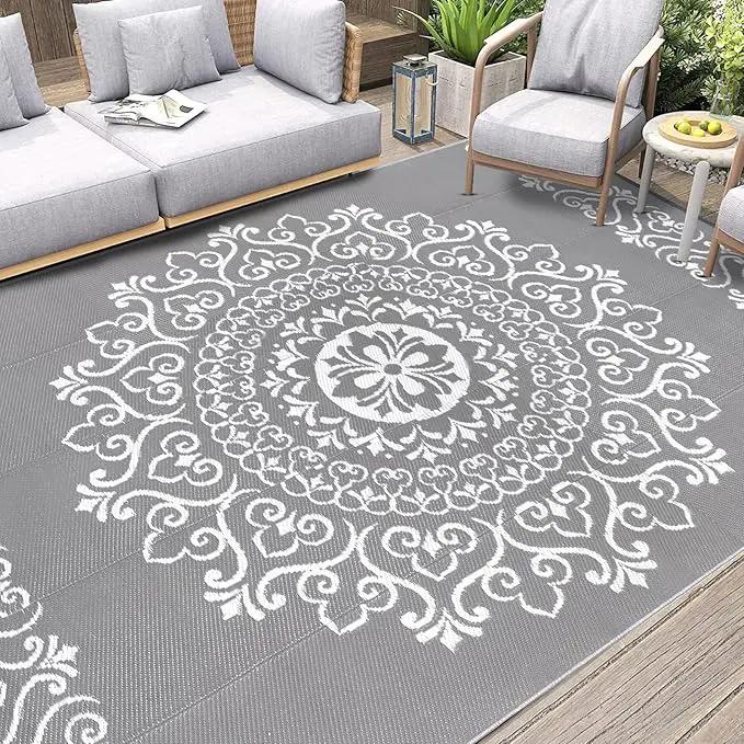 Pauwer Waterproof Outdoor Rug 8x10, Reversible Plastic Straw Patio Camping Rug, Indoor Outdoor RV Mat Carpet for Deck, Camper, Porch, Balcony, Backyard, Picnic, Floral Grey by GreenHaven Gardens