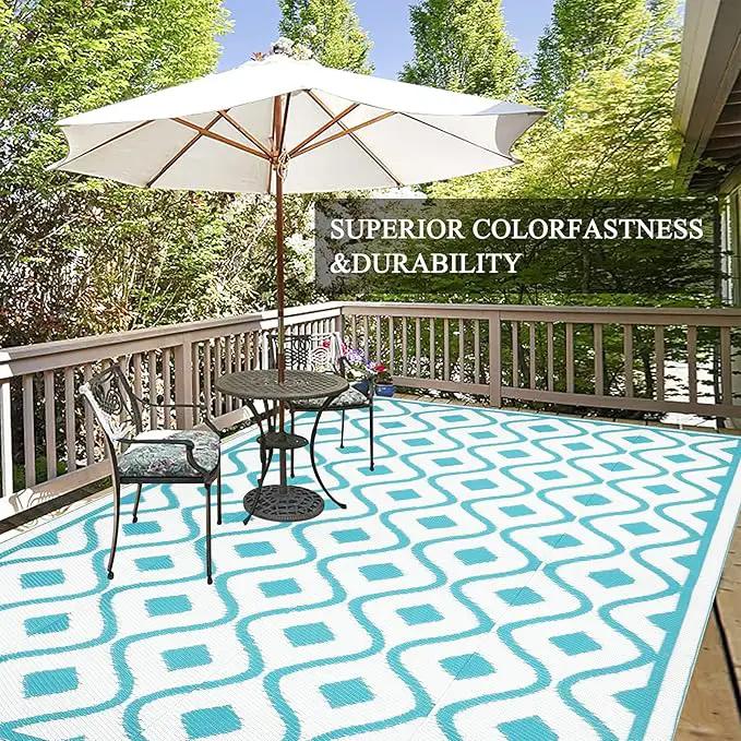Pauwer Waterproof Outdoor Rug 6x9, Reversible Plastic Straw Patio Camping Rug, Indoor Outdoor RV Mat Carpet for Deck, Camper, Porch, Balcony, Backyard, Picnic, Geometric Teal by GreenHaven Gardens