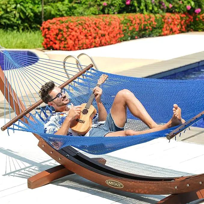 Lazy Daze Hammocks 10.5 FT Double 2 Person Caribbean Rope Hammock, Hand Woven Polyester Hammock with Spreader Bars, for Outside Outdoor Backyard Patio Poolside,450 LBS Capacity, Blue by GreenHaven Gardens