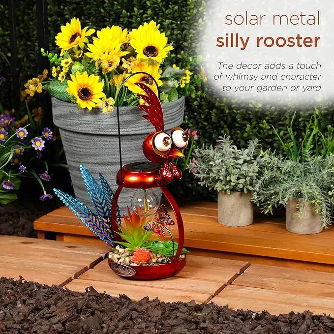 Alpine Corporation LYT286SLR-HH Solar-Powered Metal Rooster w/Garden Enclosed LED Light Decor, Solar Patio Decor, 16''H, Red by GreenHaven Gardens