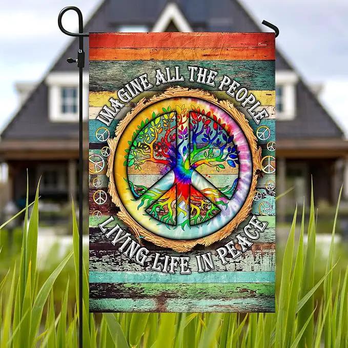 FLAGWIX American Flag, Peace Sign Hippie Flag, Imagine All The People Living Life In Peace - 4th of July Decorations, Garden Flag 12x18 - USA Flags Premium Polyester, Decorative Indoor Outdoor Flag by GreenHaven Gardens