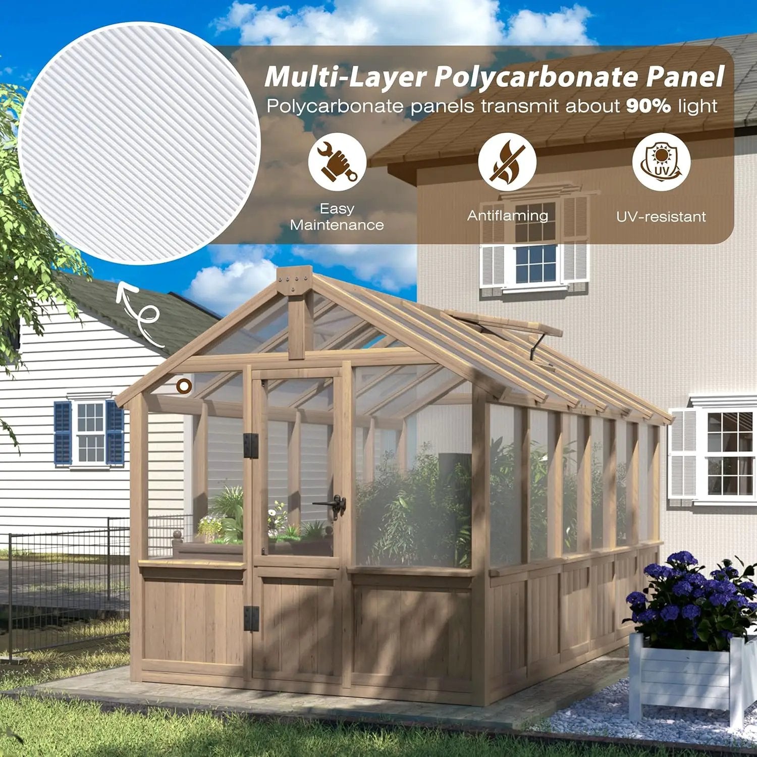Mupater 6'x12' Wooden Polycarbonate Greenhouse,Outdoor with Ventilated Window and Lockable Door, Walk-in Greenhouse for Backyard, Patio, Lawn, Brown by GreenHaven Gardens