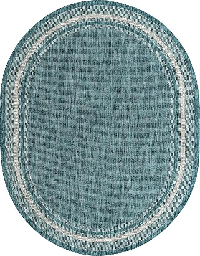 Unique Loom Outdoor Border Collection Area Rug - Soft Border (7' 10" x 10' Oval, Teal/ Ivory) by GreenHaven Gardens