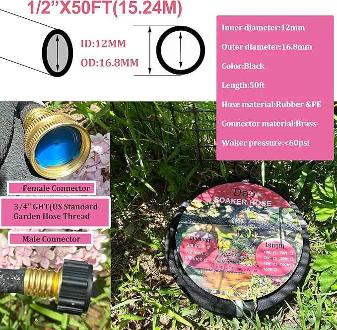 Rubber Soaker Hose, 1/2 inch, 50ft Garden Hose for Irrigation,Water-Saving up to 70%, Brass Connector Leak-Proof, Heavy-duty Hose, Watering for Trees,Lawns, Vegetables and Flowers. by GreenHaven Gardens