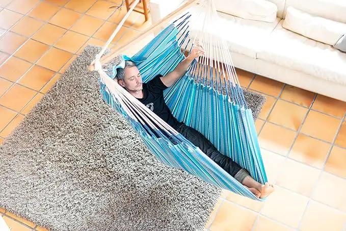 LA SIESTA Habana Hammock Chair, Indoor or Outdoor, Ideal for Sitting or Lying Down, Cotton Hammock, Patio, Swinging Chair, Boho, Max 355 Lbs, King, Azure by GreenHaven Gardens