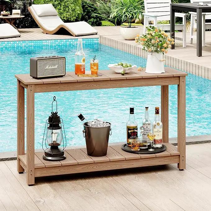 Outdoor Console Table, 48" Weather Resistant HIPS Patio Side Table, 440LBS Weight Capacity, 2-Tier Multifunctional Buffet Bar Storage Organizer for Garden Deck, Teak by GreenHaven Gardens