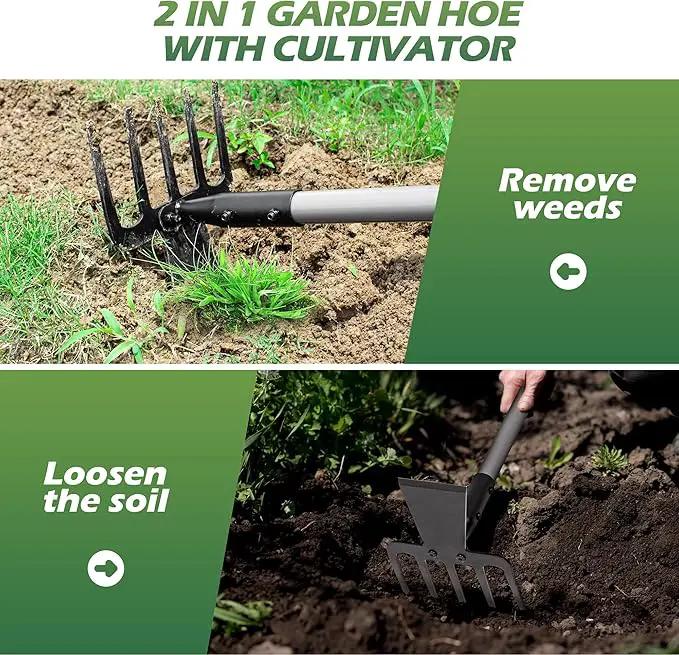Walensee 2 in 1 Hoe Garden Tool, 63 Inch Garden Hoe Cultivator and 5-Tines Rake with 37-63 Inch Adjustable Long Handle, Weeding Tools Hand Tiller for Yard Lawn Flower Beds Planting Gardening Digging by GreenHaven Gardens