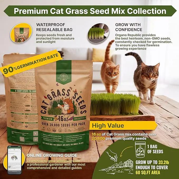 Organo Republic Cat Grass Seeds Mix - 20,800 Non-GMO Heirloom Seeds for Cats & Pets, 16 oz Pack for Growing Fresh Barley, Oat, Rye & Wheat Grass Seeds for Planting, Indoor Plants, Hairball Remedy by GreenHaven Gardens