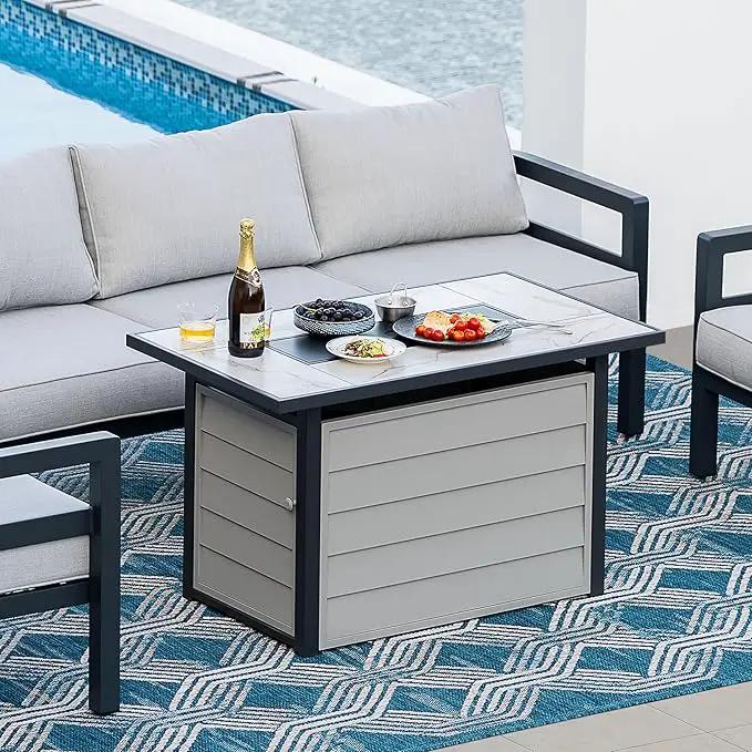 Nuu Garden 43'' Patio Propane Fire Pit Table, 50,000 BTU Gas Fire Pit with Marble-Textured Glass Top, Wind Guard, Lid, Glass Beads, CSA-Certified, 2-in-1 Outdoor Table for Gatherings, Ivory White by GreenHaven Gardens