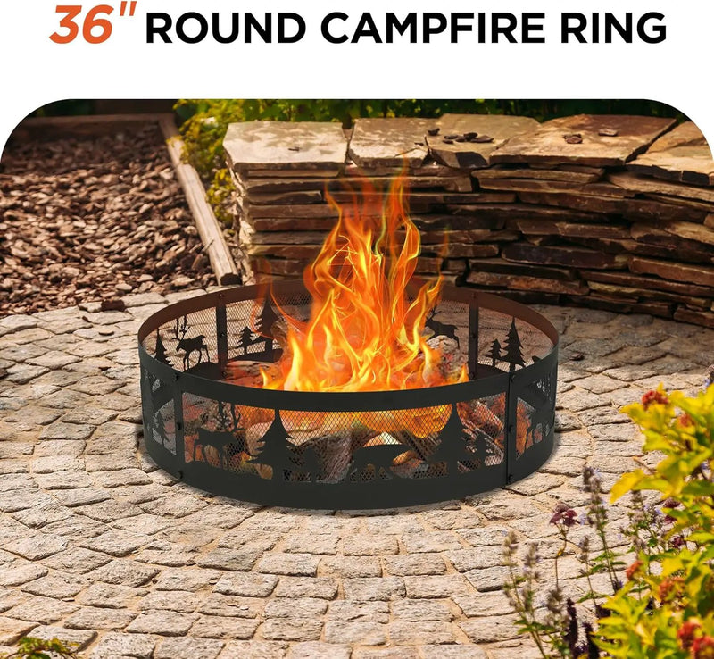Red Mountain Valley 36 Inch Fire Pit Ring with 360° Forest & Wildlife Design, Portable Steel Wood Burning Firepit Ring for Outdoor Camping, Bonfires, Beach,Patio, fire Pit kit, Black by GreenHaven Gardens