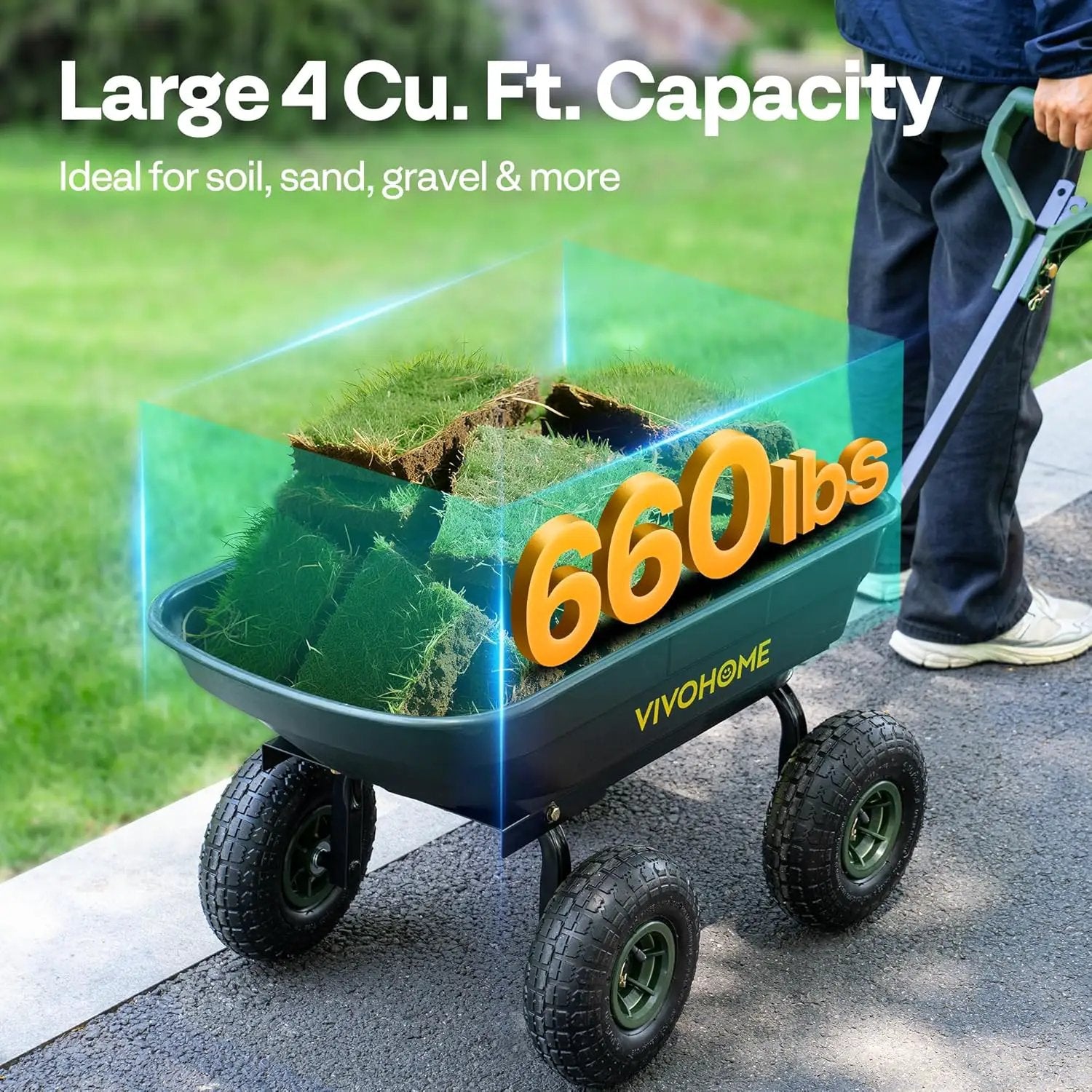 VIVOHOME 4 Cu.Ft 660lbs Wheelbarrow Garden Cart Dump Wagon with 2-in-1 Convertible Handle Attach to ATV or Tractor, 10" All Terrain Wheels, Quick Release System, Heavy Duty Utility Trailer for Yard