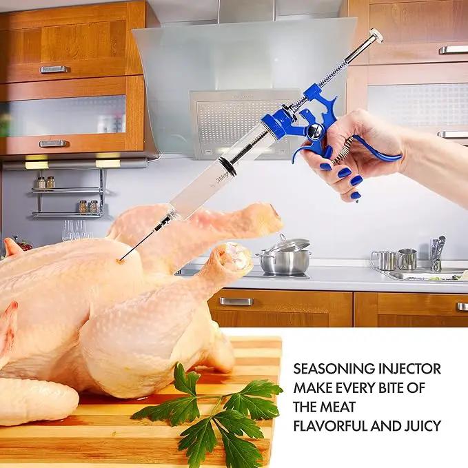 Meat Injector Marinade Gun Stainless Steel Outdoor Kit Flavor Food Syringes & 4 Marinades Needles for BBQ Grill Smoker Injectors Professional Syringe Held Culinary Barbecue Tool (Blue) by GreenHaven Gardens
