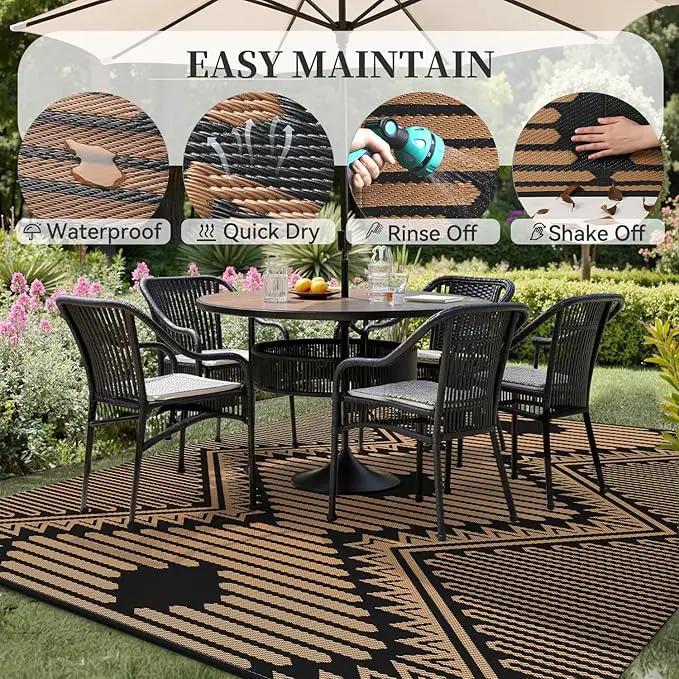 MontVoo Outdoor Rug-Waterproof Patio Rug Mat 5x8 Outdoor Carpet Mat Reversible Plastic Straw Outside Outdoor Rug for RV Camping Picnic Balcony Backyard Pool Deck Porch Modern Boho Black Brown by GreenHaven Gardens