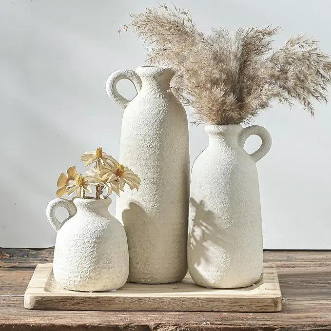 Ceramic Vase Set of 3 with Handle, Neutral Rustic Vases Home Decor Farmhouse Decorative Vase Whitewashed Pottery Decor Modern for Table Mantel Entryway Bookshelf Living Room Kitchen Bedroom - White by GreenHaven Gardens