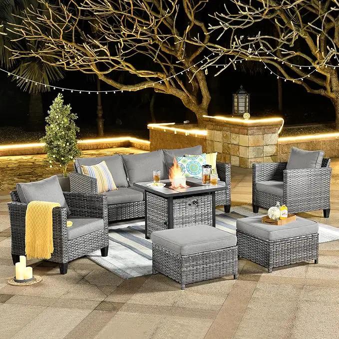 ovios 6 Pieces Patio Furniture Set with 30" Fire Pit Table, Outdoor Wicker Sofa with Comfy Cushions, All Weather High Back Rattan Couch Conversation Set, Dark Grey by GreenHaven Gardens